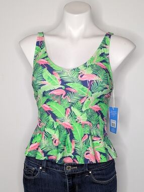 NWT Ruffle Butts Green Pink Flamingo Frenzy Peplum Tankini Bikini Top XS